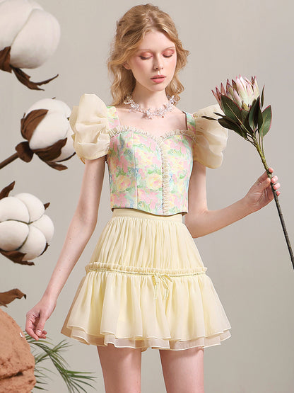 Blouse＆Mini-Skirt Flower Frill Tiered Retro Set-up