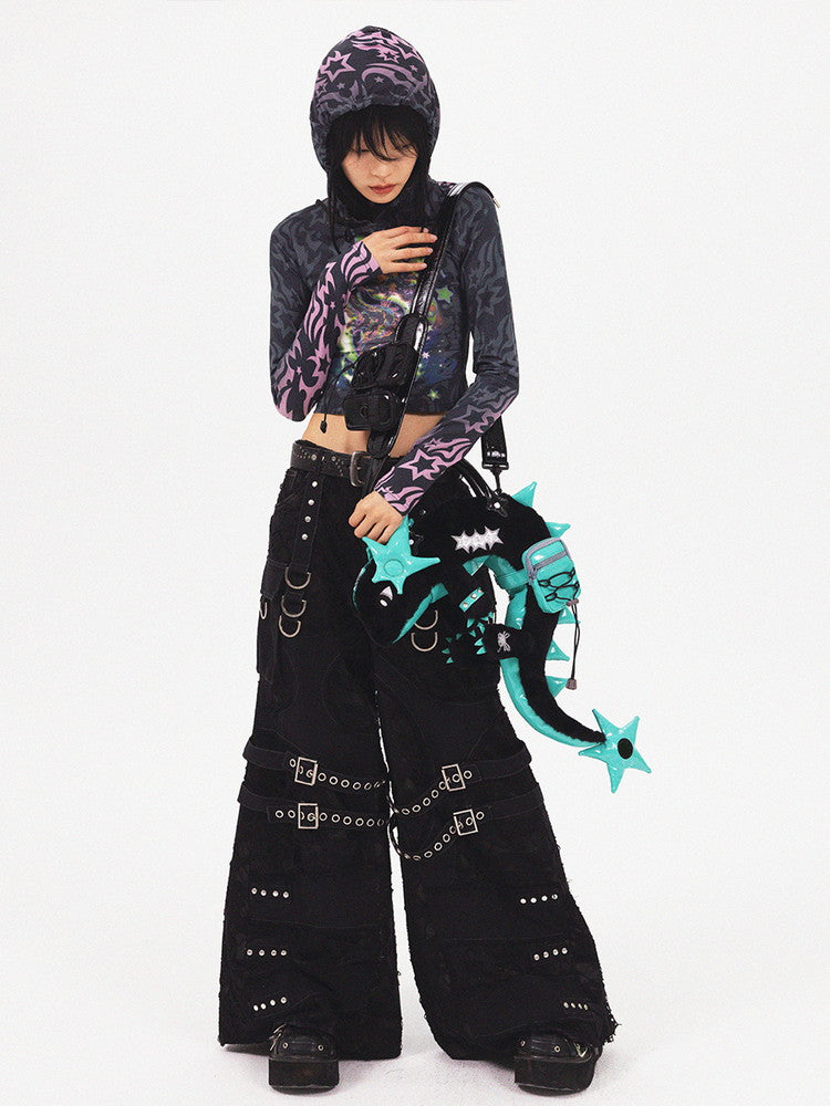 Nichi Cool Belt Damage Mesh Fancy Wide-Pants