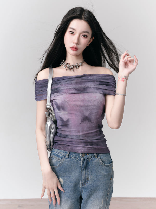 Off-Shoulder Mesh Marble Dark Chic Mesh-Tops