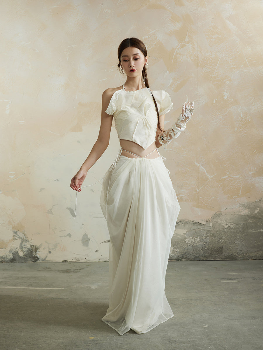 Plain Asymmetry Ciffon Fluffily Feminine Elegant Long-Skirt