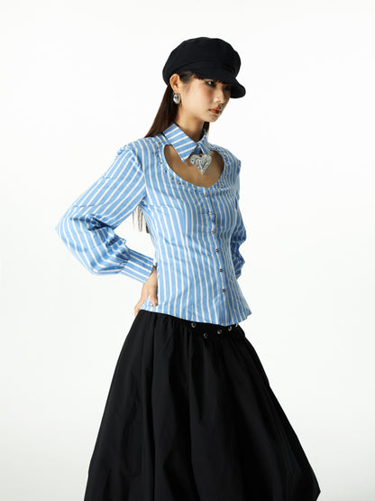 Front-Cut Stripe Balloon-Sleeve Blouse