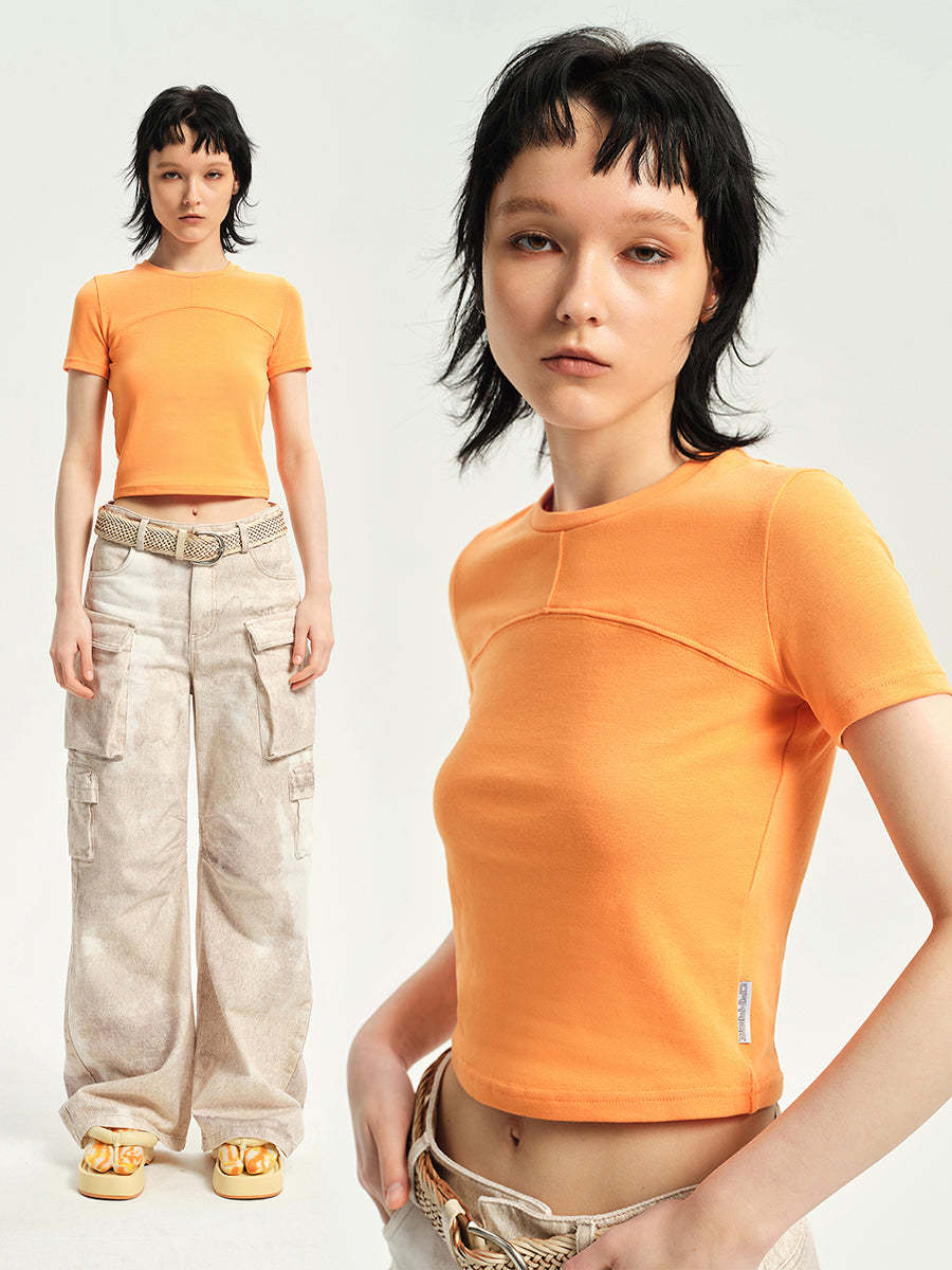 Crew-neck Cropped Plain T-shirt