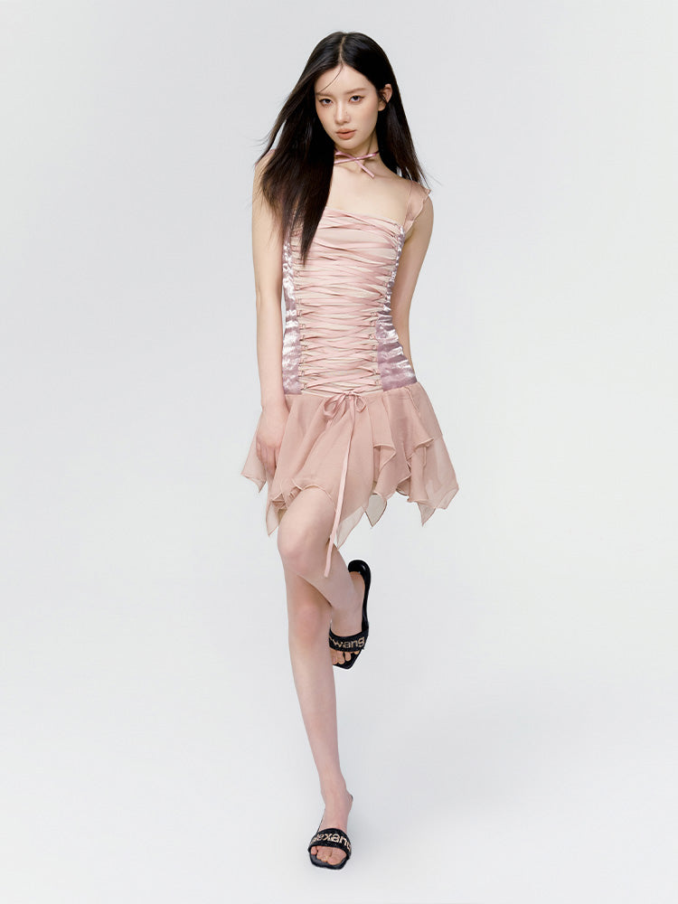 Lace-Up Dress Ruffle Princess One-Piece