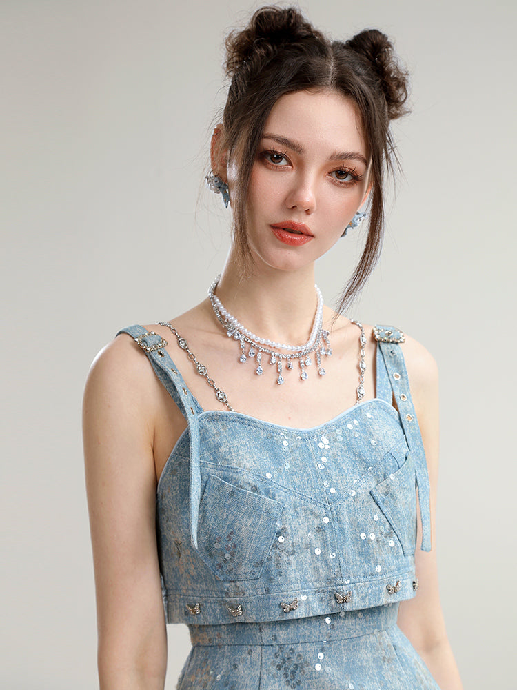 Denim Short Sequins Suspenders Casual Dress