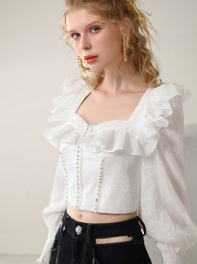 Back-Open Short Frill Girly niedliche Bijou-Ballon-Sleeve-Bluse