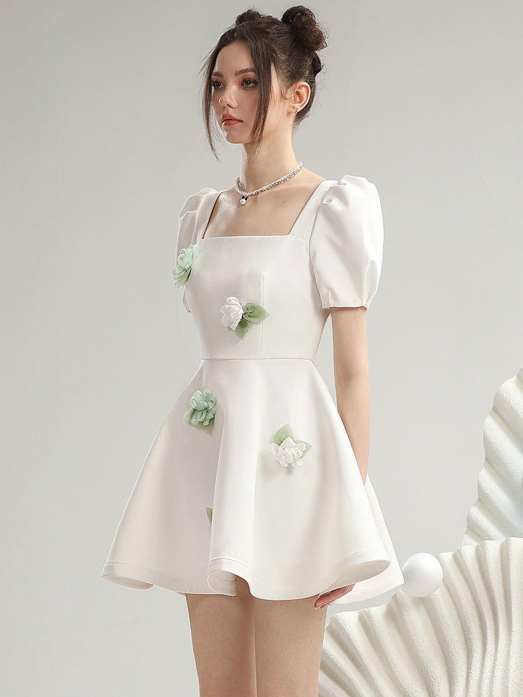 Square-Neck Cute Puff-Sleeve Short Flare Flower One-Pieec