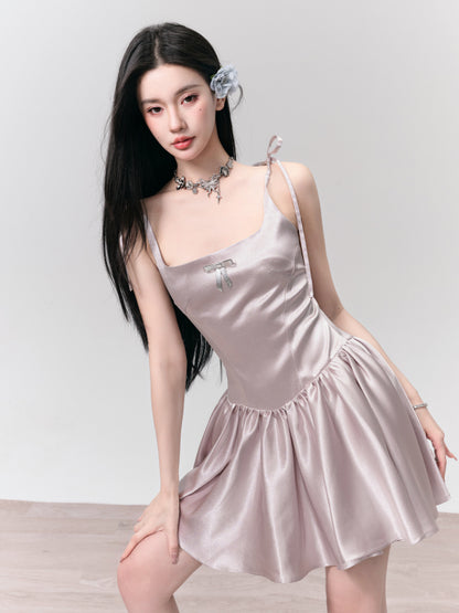 Shiny Shoudler-Ribbon Pleats Flare Plain One-Piece