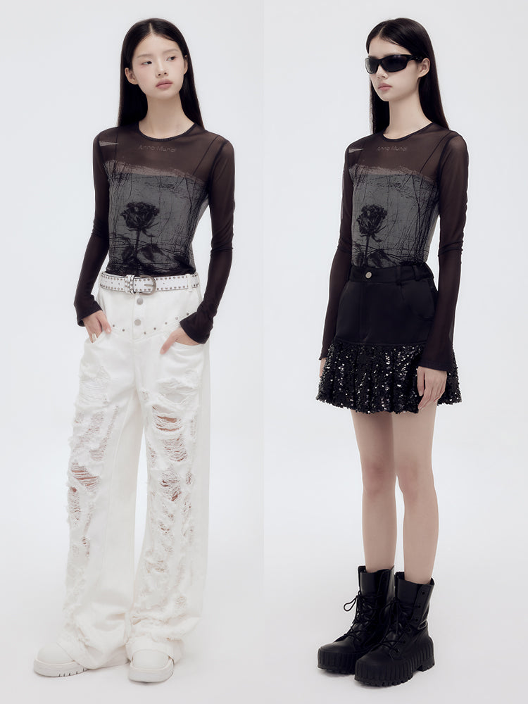 Sheer Mesh Silhouette Flower Cutsew