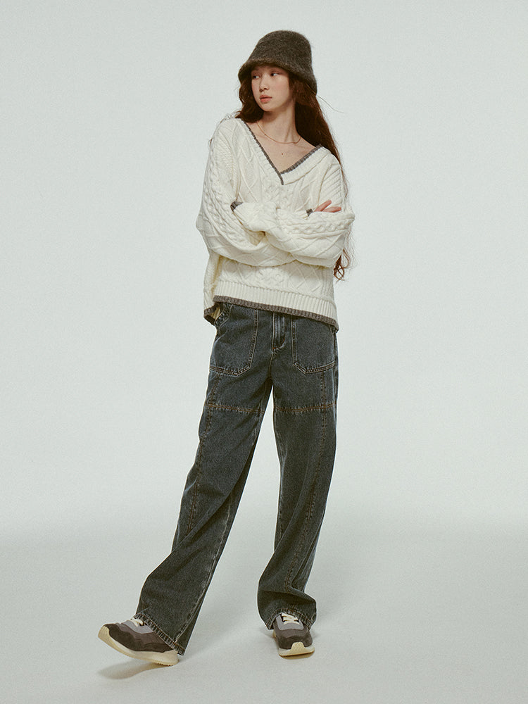 Oversize V-Neck Casual Loose Bi-Color Cable-Knit