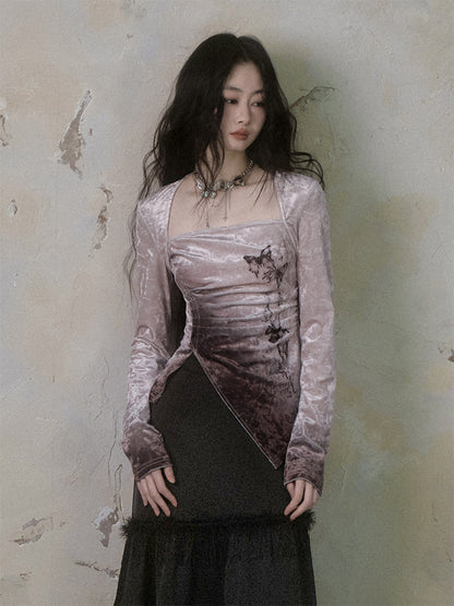 Set-Up Gradation Butterfly Velvet Blouse＆Mermaid-Skirt