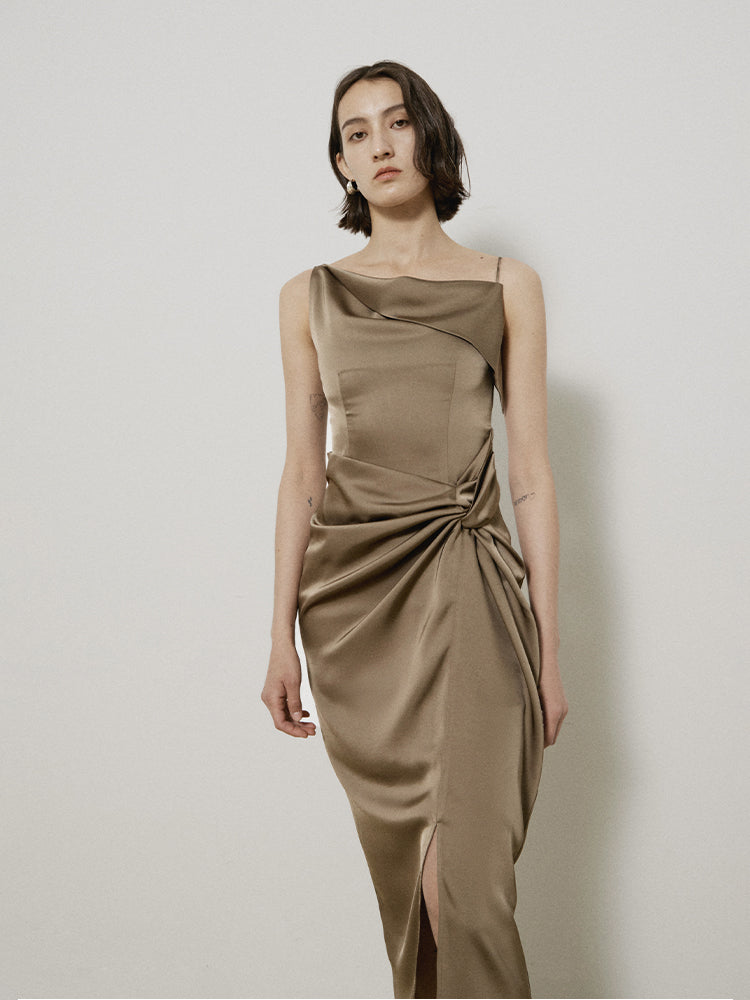 Frape Elegant Long Classy Asymmetry Satin One-piece