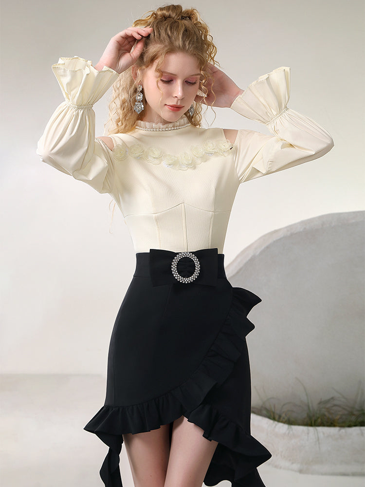 Asymemtry Open Shoulder Chic Ruffle Candy-Sleeve Blouse &amp; Skirt