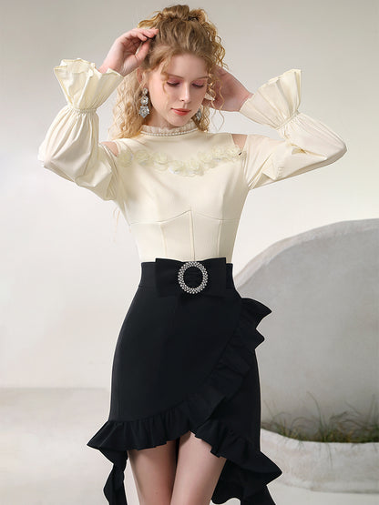 Asymemtry Open-Shoulder Chic Ruffle Candy-Sleeve Blouse＆Skirt