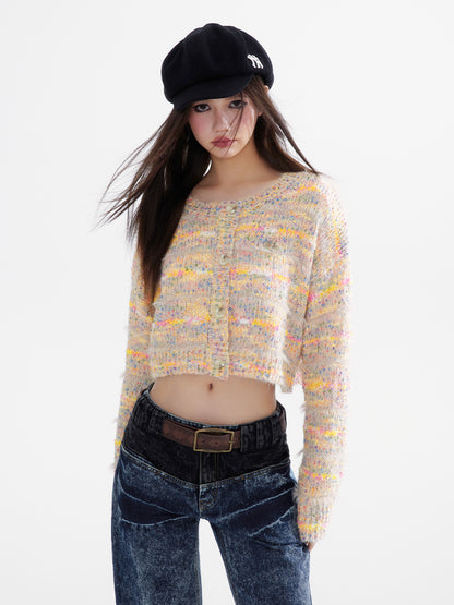 Short Knit Multi-Color Crew-Neck Retro Nichi Cardigan