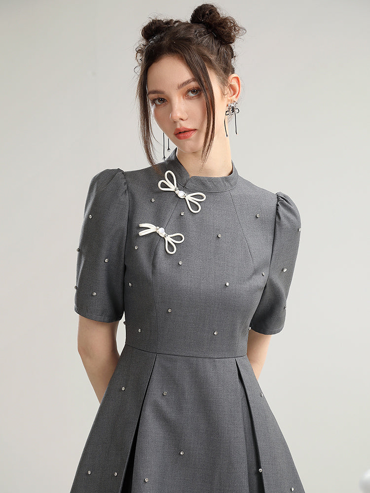 Lace Ribbon Pearl Flare Shorthalf-Sleeve Chic Band-Collar Dress