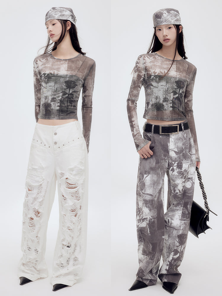 Sheer Mesh Silhouette Flower Cropped Cutsew