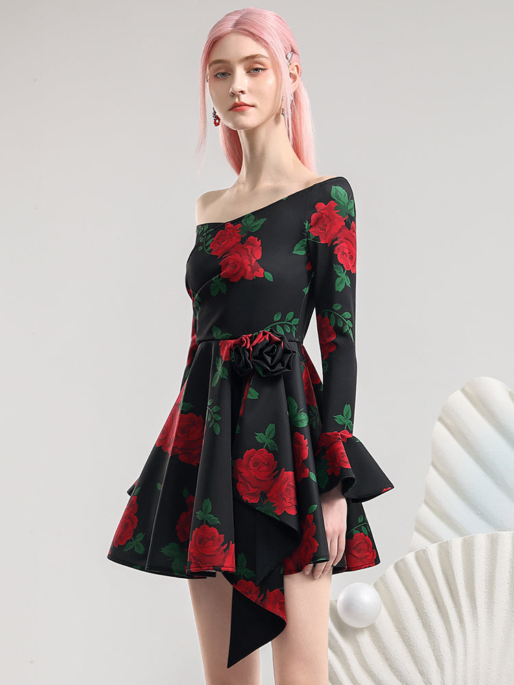 Off-Shoulder Rose Flower Flare-Sleeve Elegant One-Piece