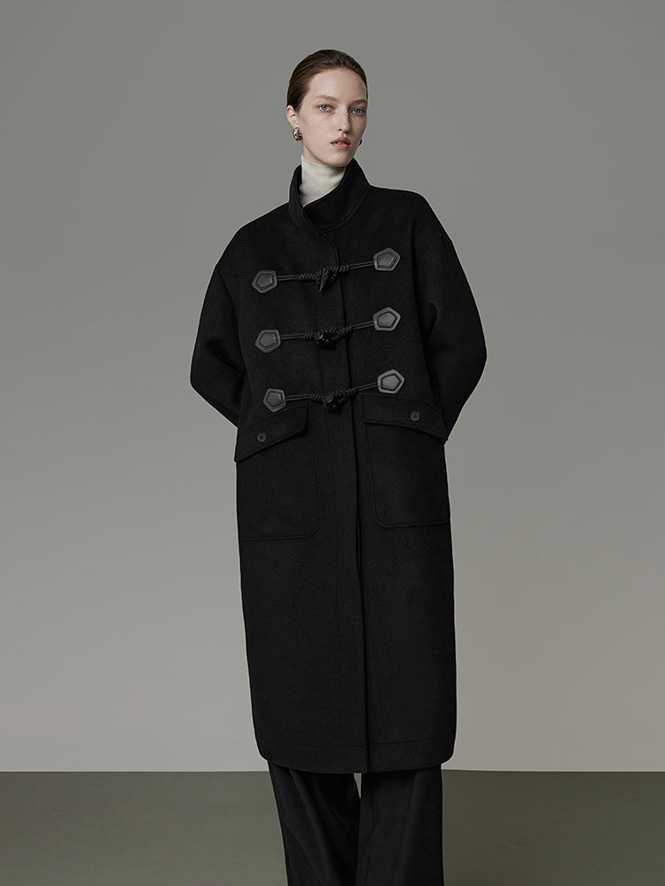 Wool Long Simple Stand-Collar Duffel-Coat