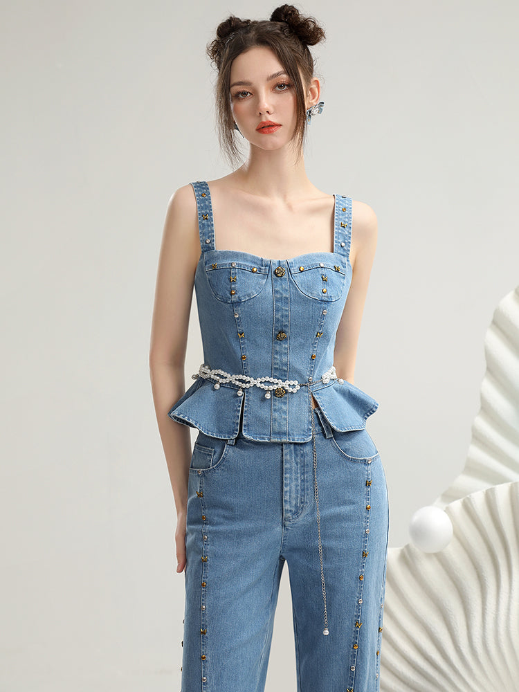 Set-Up Denim Pearl-Chain Casual No-Sleeve Tops&amp;Flare-Pants