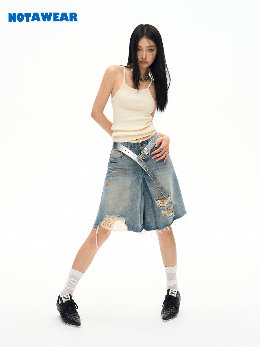 Damage Denim Crash Casual Vintage Half-Pants