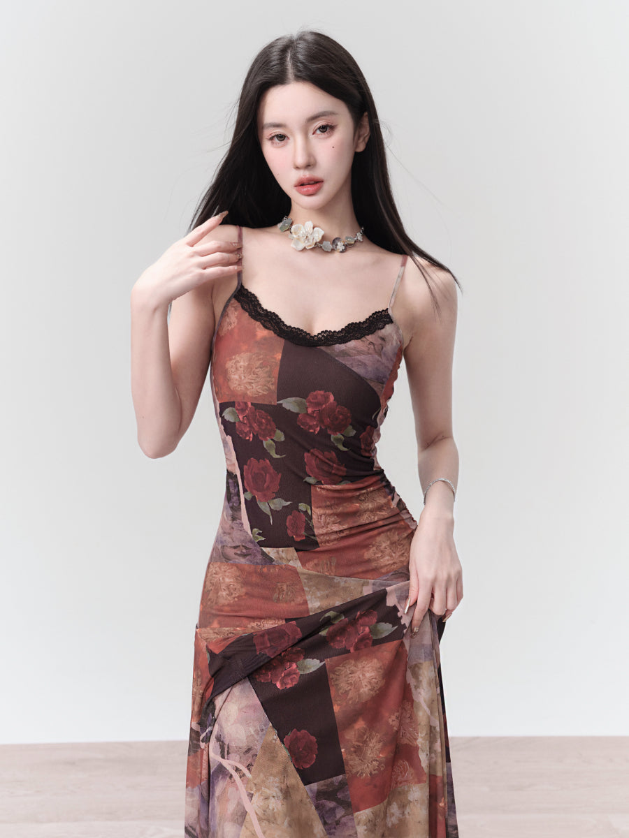 Asymmetry Camisole Lace Flower Slim Long One-Piece