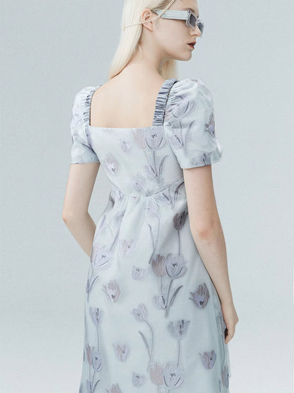 Flare Ciffon Puff-Sleeve Flower Sheer Square-Neck Dress