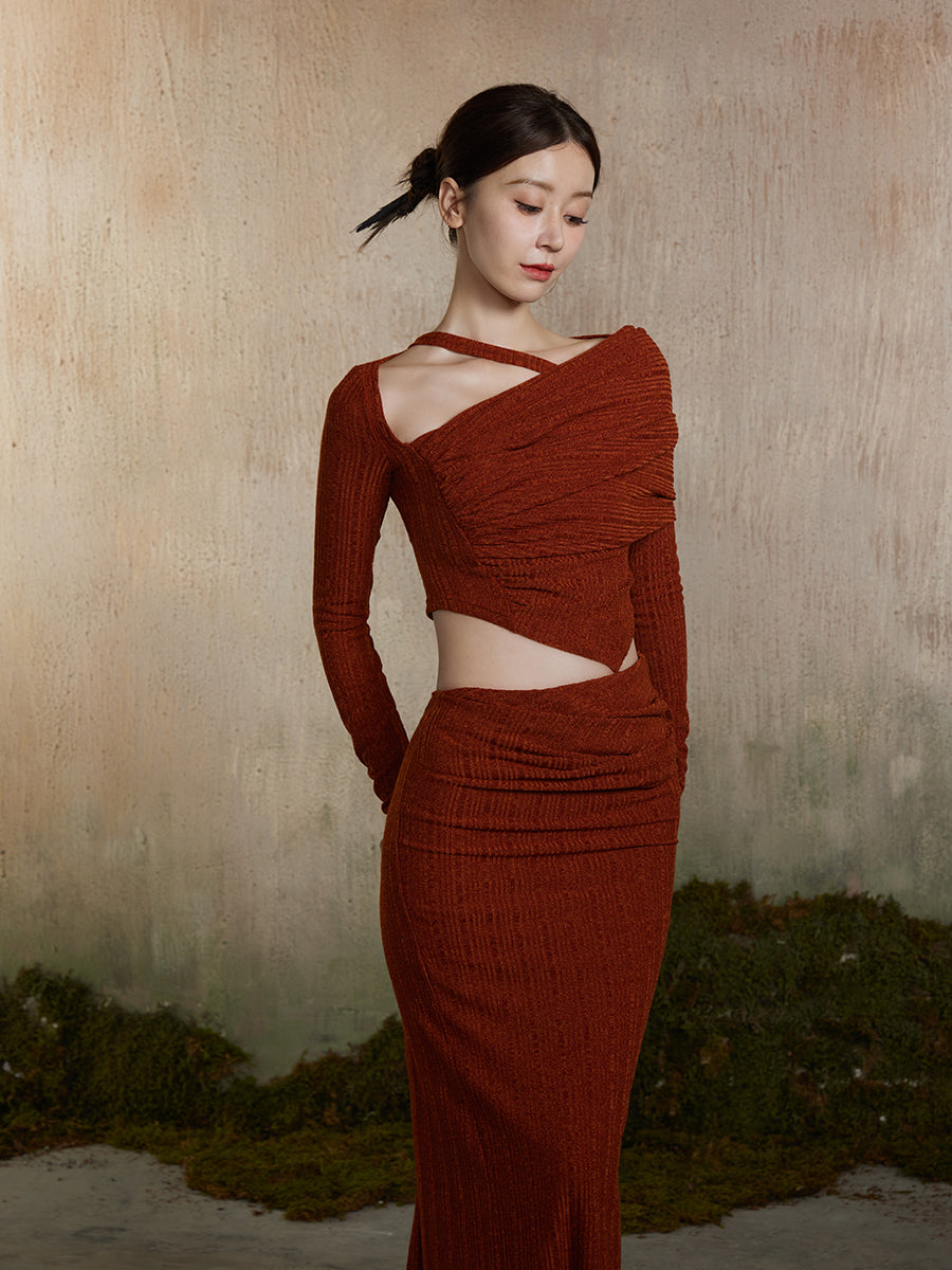 One-Shoulder Asymmetry Nichi Plain Cropped Knit