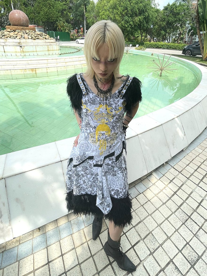 Fur Asymemtry Lace Flower Monotone Tops&amp;Skirt