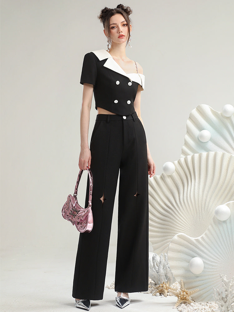 Set-Up Chic Monotone Asymmetry Coll Suit Short-Tops&amp;Wide-Pants