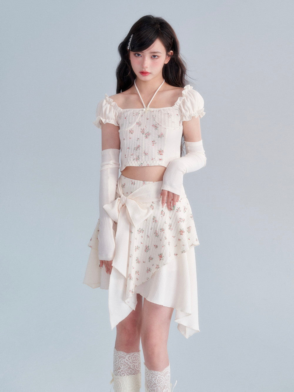 Glove Flower Cropped Fit Frill Ribbon asymmetry Tops &amp; Skirt