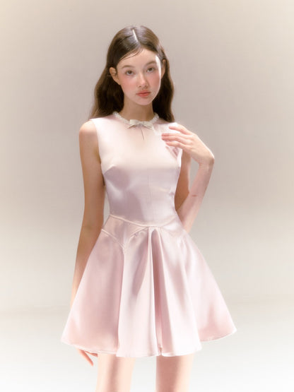 No-Sleeve Ribbon Flare Satin Princess Dress