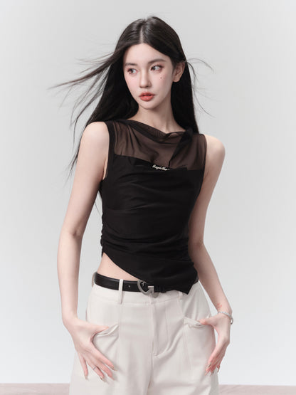 See-Through Sheer Asymmetry No-Sleeve Tops