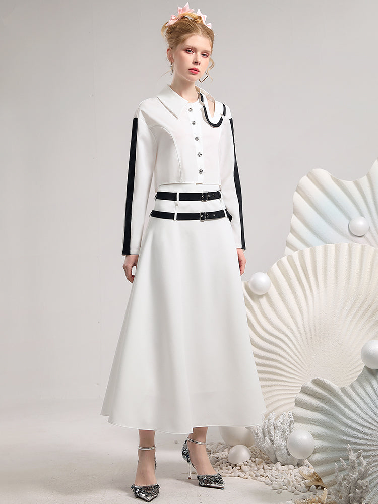 Set-Up Monotone Nichi Asymmetry Open-Shoulder Tops＆Long-Skirt