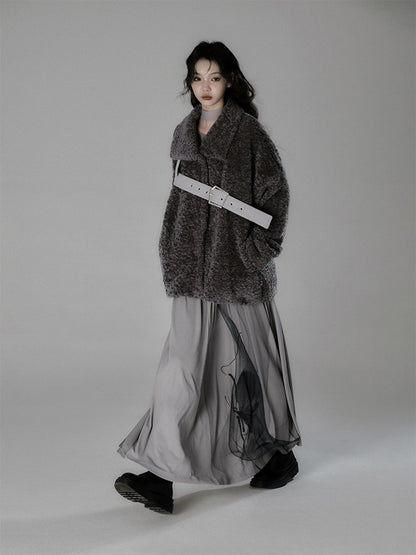 Belt Nichi Loose Casual Warm Retro Corduroy Boa-Jacket＆Long-Skirt