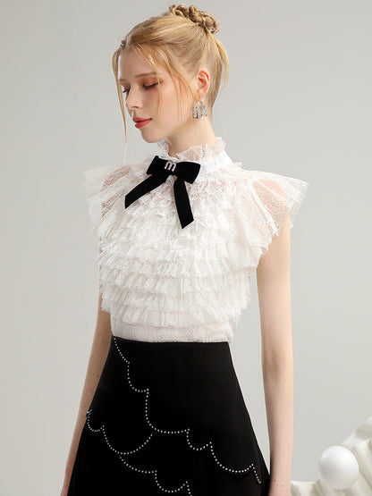 Set-Up Chic Scallop Tiered Feminine Lace-Blosue&amp;Mini-Skirt