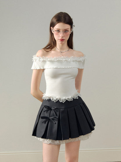 Frill Off-Shoulder Flower Lace Summer-Knit