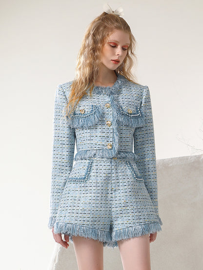 Jacket＆Short-Pants Tweed Tassel Suit Knit Sweet Set-Up