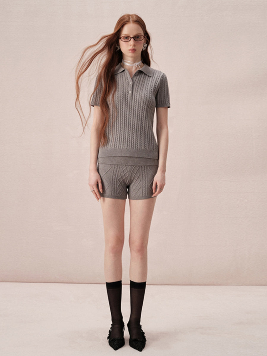 Cable-Knit Polo-Neck Casual Relax Set-Up Tops＆Short-Pants