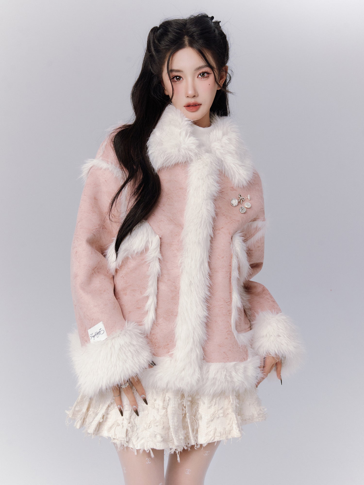 Fur Big-Pocket Retro Box-Pleats Leatner-Jacket＆Mini-Skirt