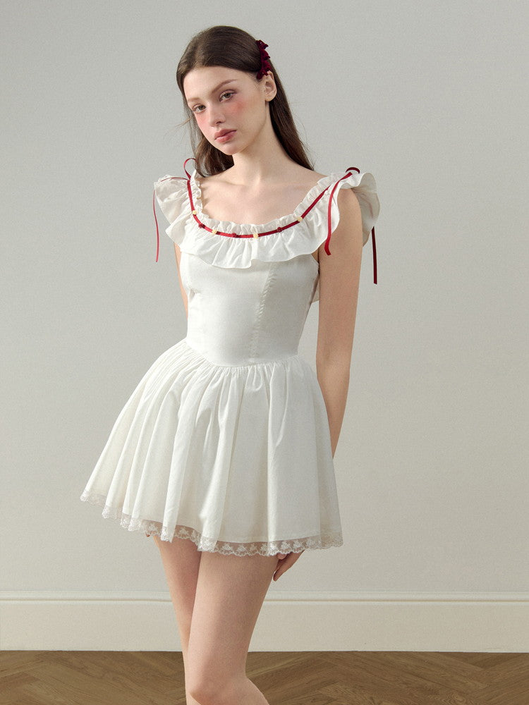 Tight U-Neck Frill Girly Lace Cute Flare Short Dress