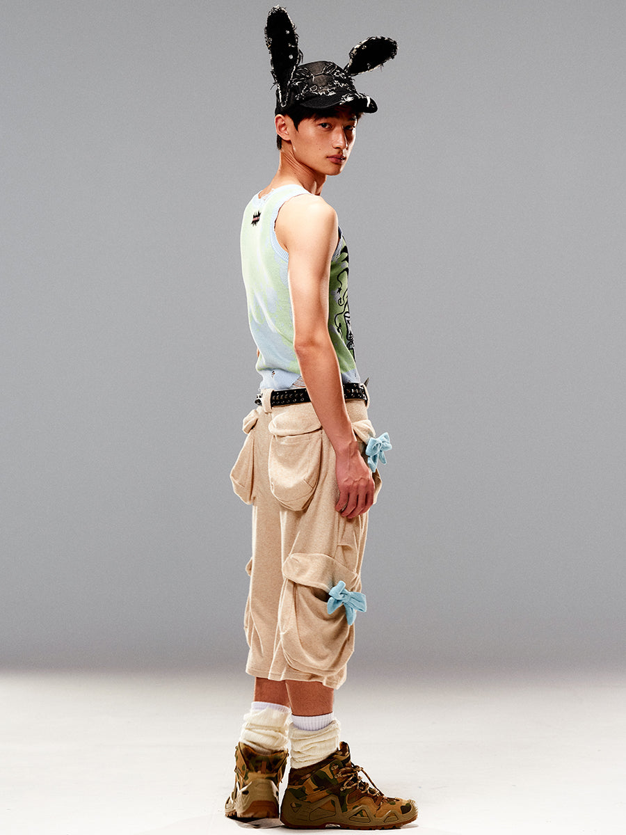 Ribbon Loose Multi-Pocket Half-Pants Wide-Pants