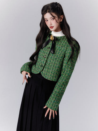 Tweed Ribbon Flower Broach Tweed Classy Short-Jacket