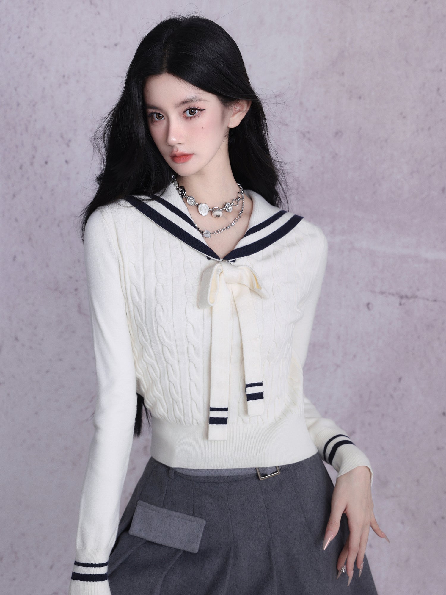 Marine Sailor Sweater Ribbon-Tie Knit