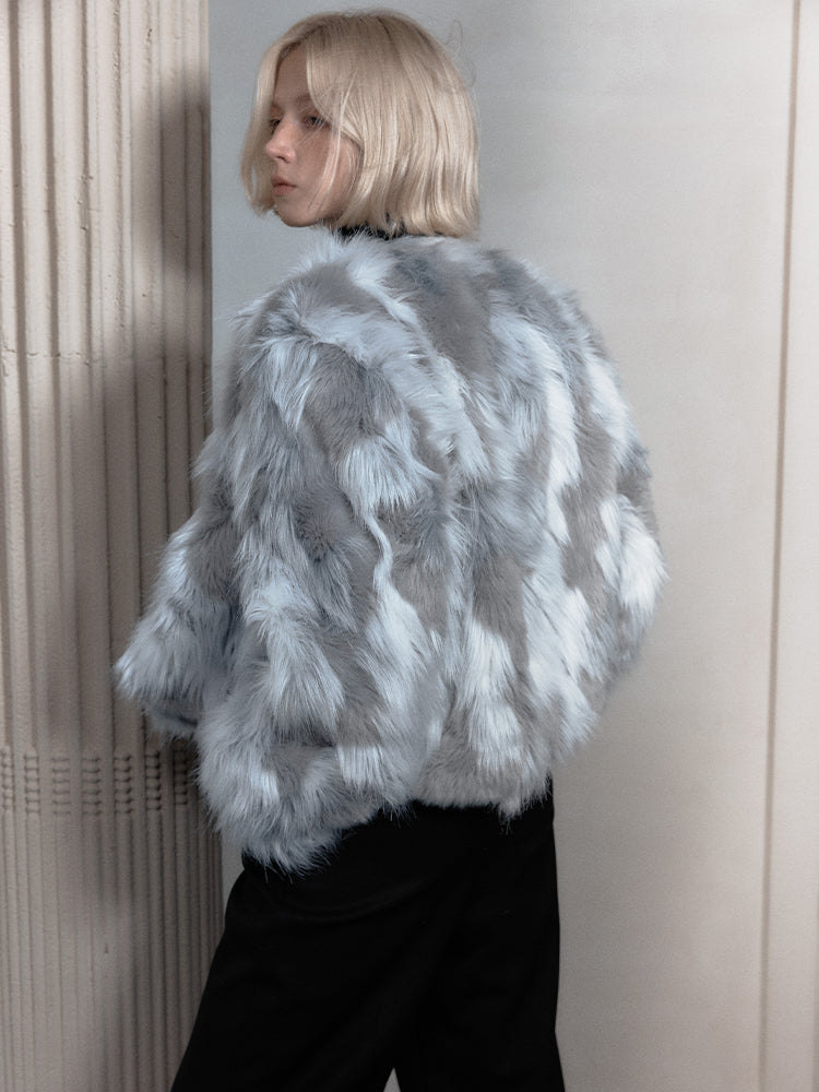 Fur Eleagnt Bi-Color No-Collar Jacket