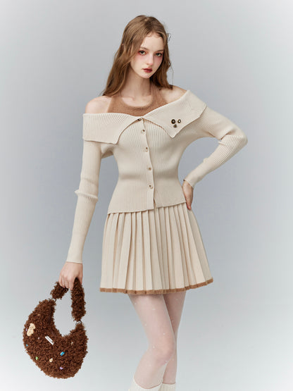 Rib-Knit Open-Shoulder Layered Cute Retro Tops＆Mini-Skirt＆Bag