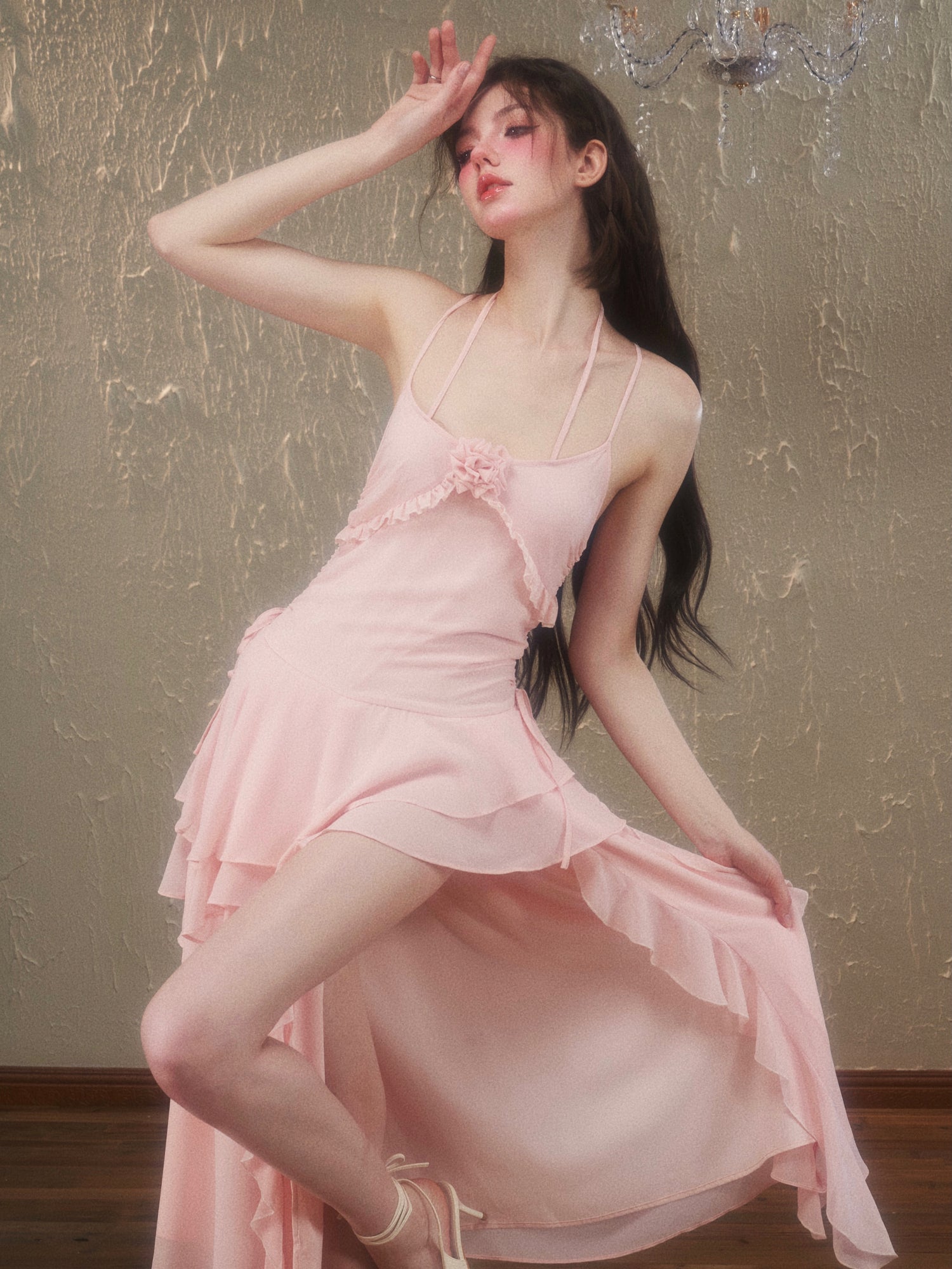 Asymmetry Ciffon Tiered Feminine Rose Long-One-Piece