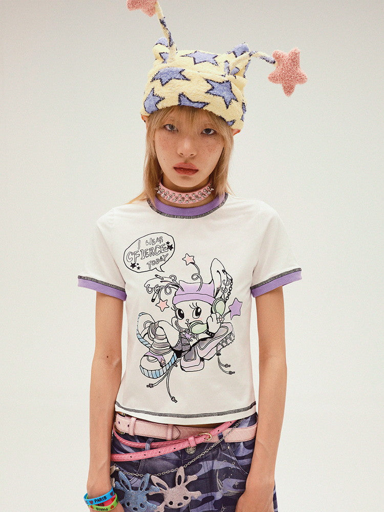 Fancy Crew-Neck Character Pop Half-Sleeve T-Shirt