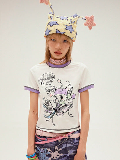 Fancy Crew-Neck Character Pop Half-Sleeve T-Shirt