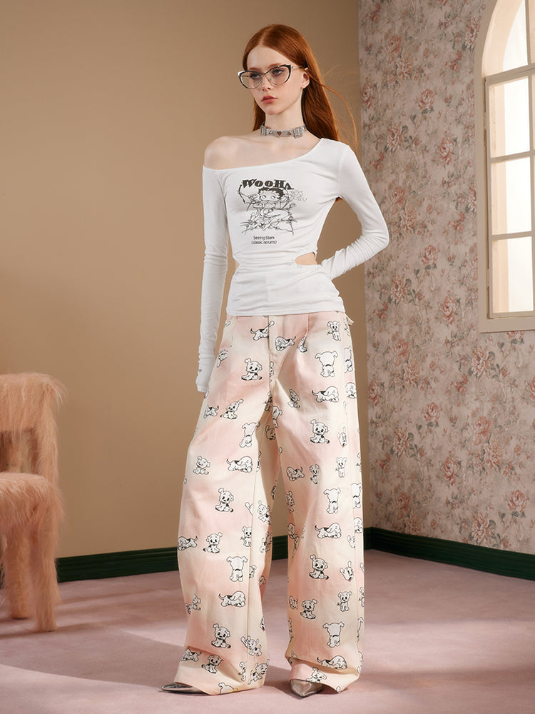 Dog Animal Wide-Leg High-Waist Girly Pants