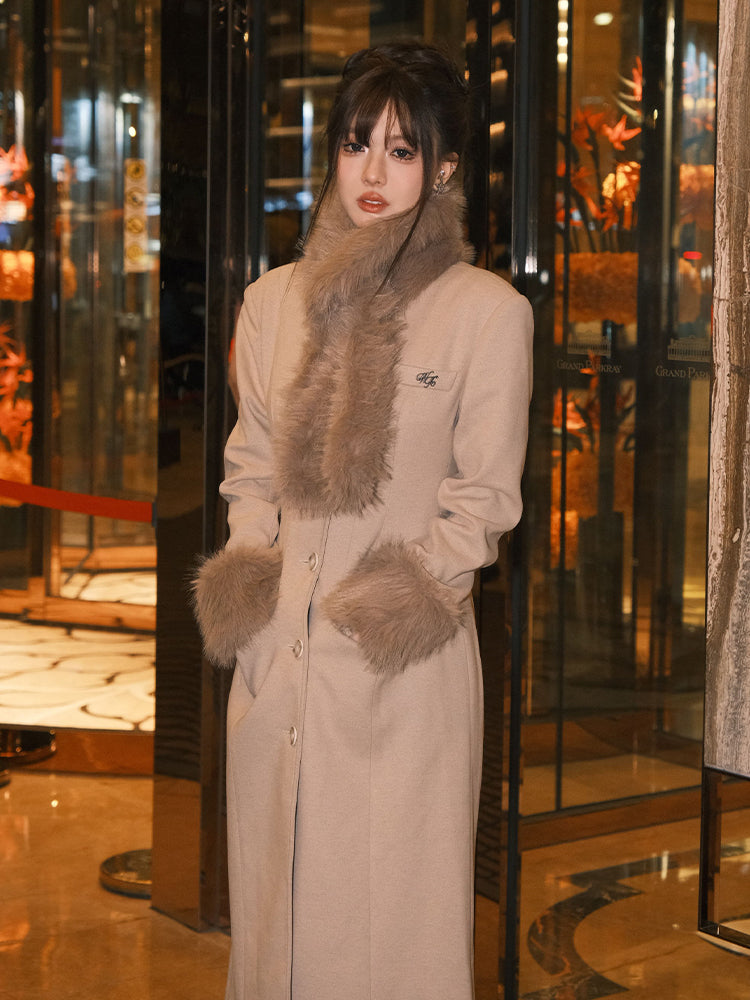 Fur Elegant High-End Plain Slim Long-Coat